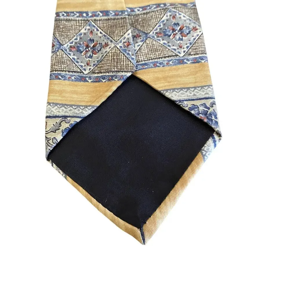 Etienne Aigner Silk Tie Gold Blue Floral Geometric Made In USA‎